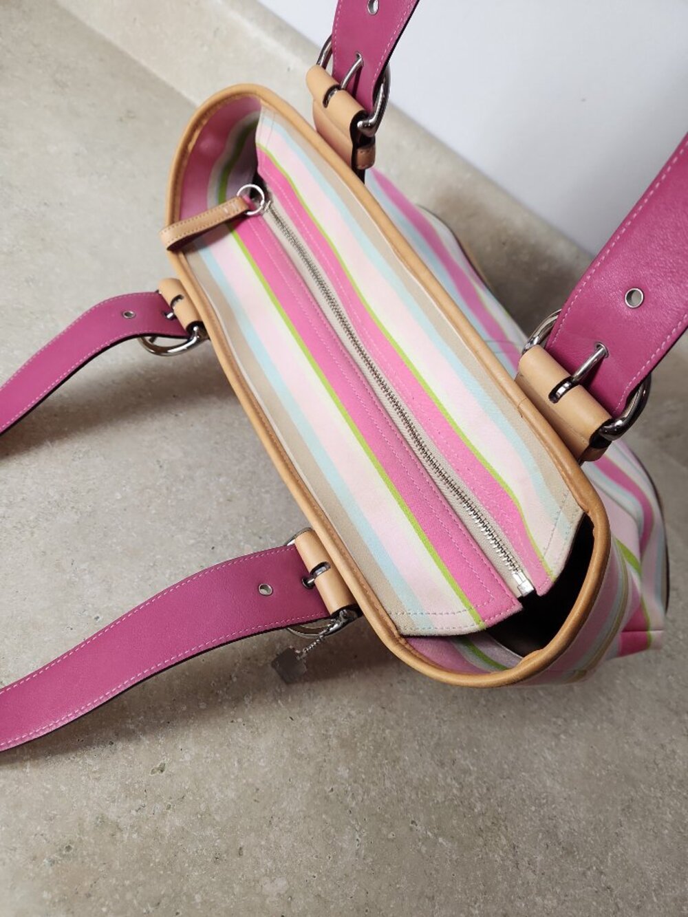 vintage Coach Hampton Stripe Canvas Tote Bag Vachetta leather trim M05S-5175 - Picture 8 of 16